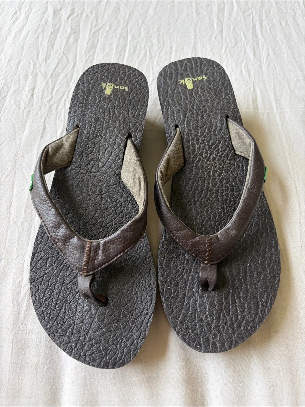 Sanuk Brown Leather Wedge Thong Sandals